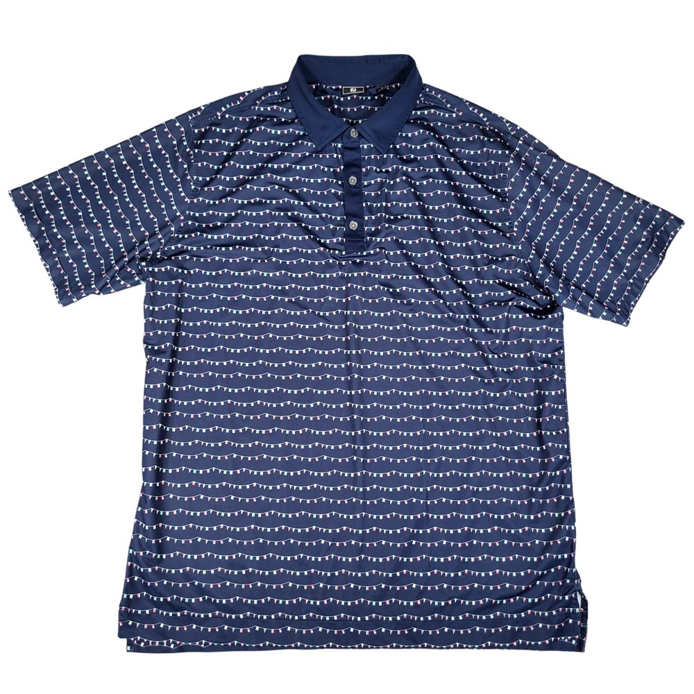 FootJoy Polo Mens XL Macatawa Golf Club Bunting Flag Print Navy Blue Stretch